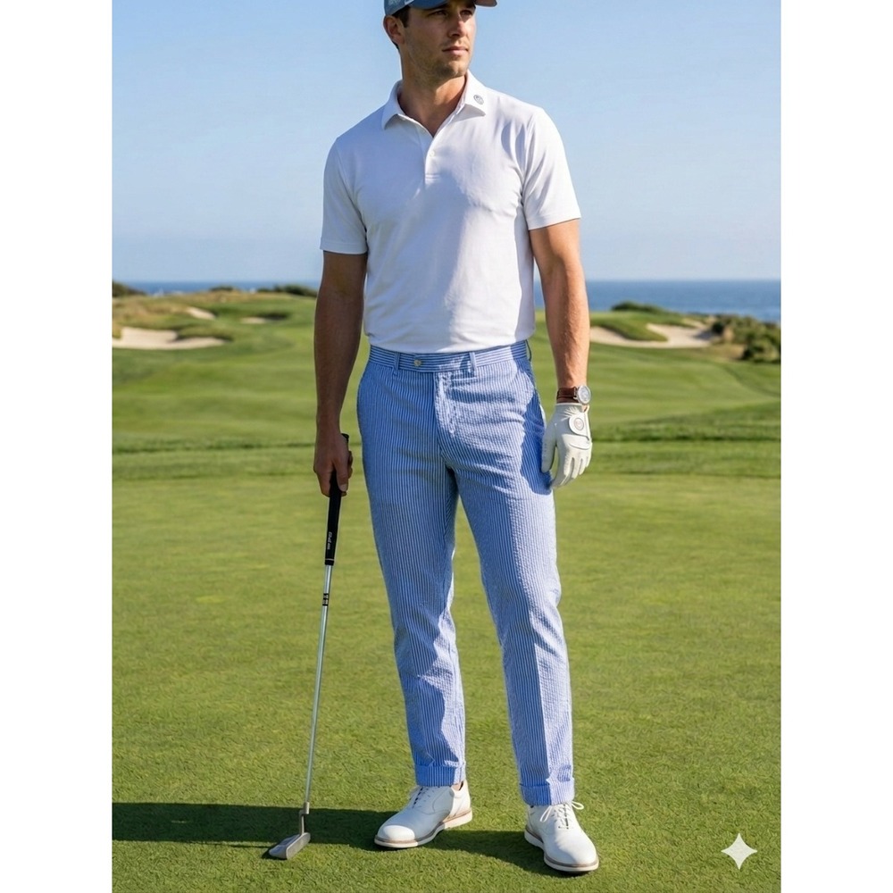 Polo Golf Ralph Lauren Pants Mens 38/32 Blue White Seersucker Striped Trousers